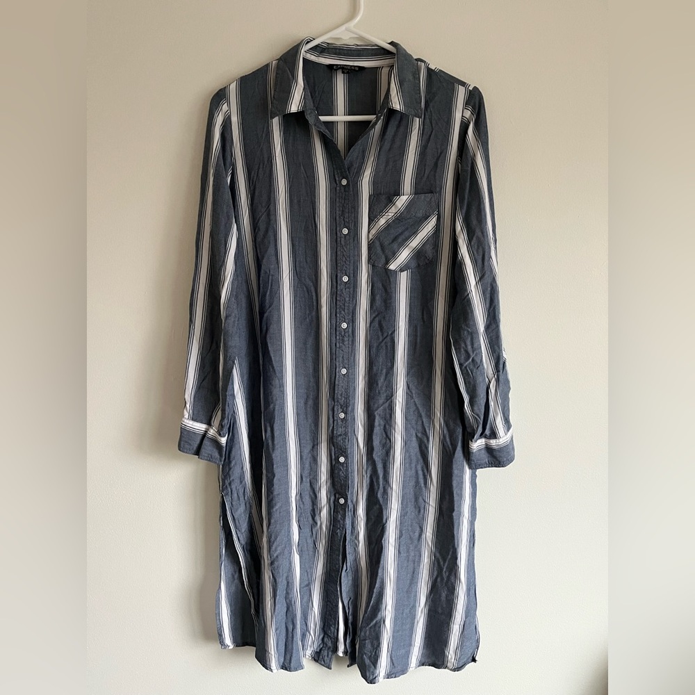 Express. Blue White Striped Long-Sleeve Button Down T-Shirt Dress. Size medium.